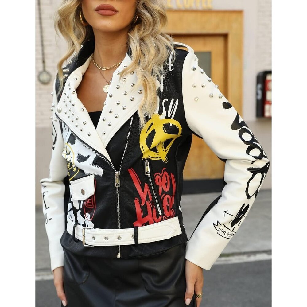 Women White Studded Rivet Floral Biker Short Lapel Coat Leather Jacket - Picture 4 of 8
